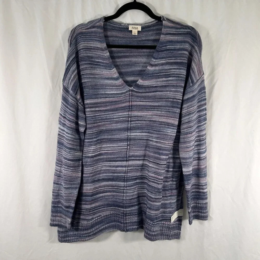 New a.n.a Sweater Women's Large Purple Striped Knit Long Sleeve Vneck Pullover